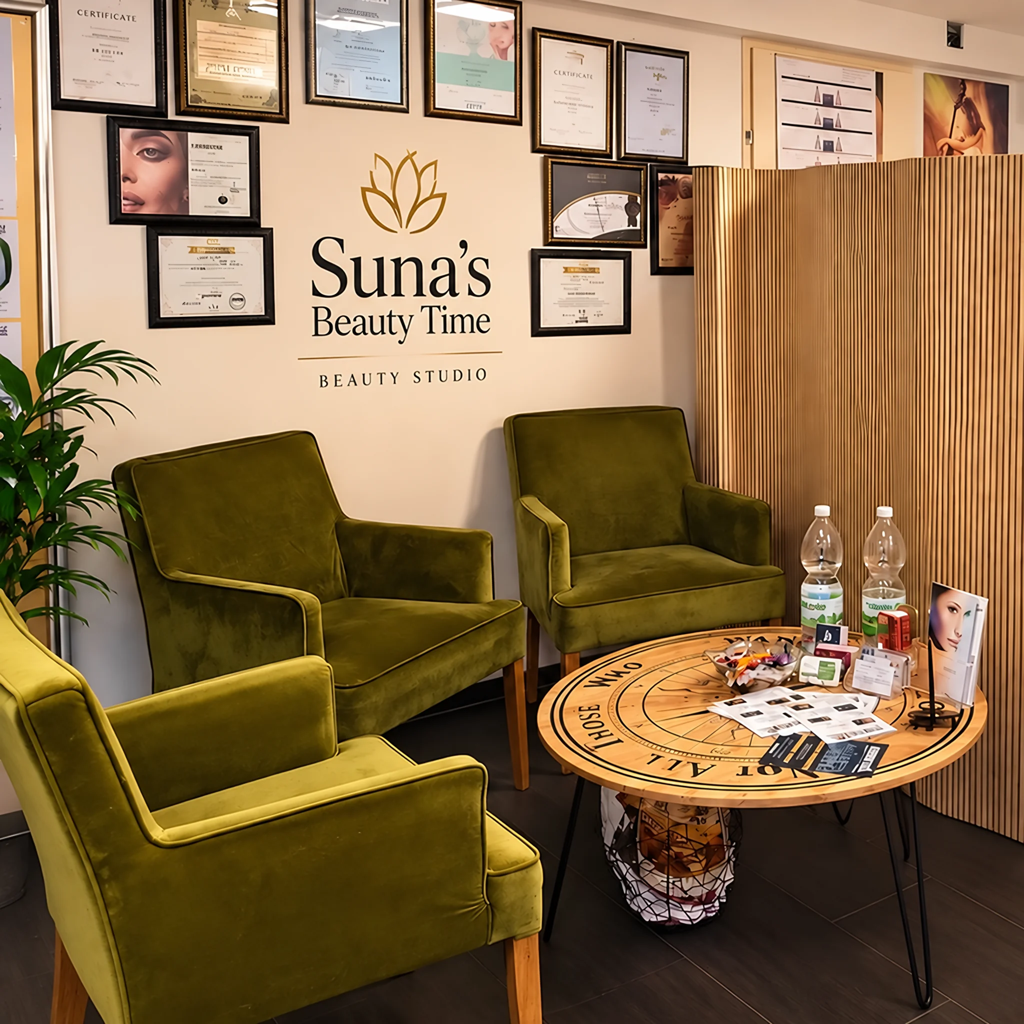 Wartebereich von Sunas Beauty Time mit Zertifikaten an der Wand